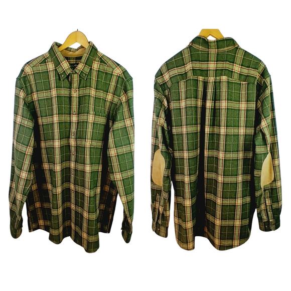 Eddie Bauer SZ XL Tall 100% Wool Plaid Work Shirt Genuine Leather Elbow Patches - Picture 2 of 7